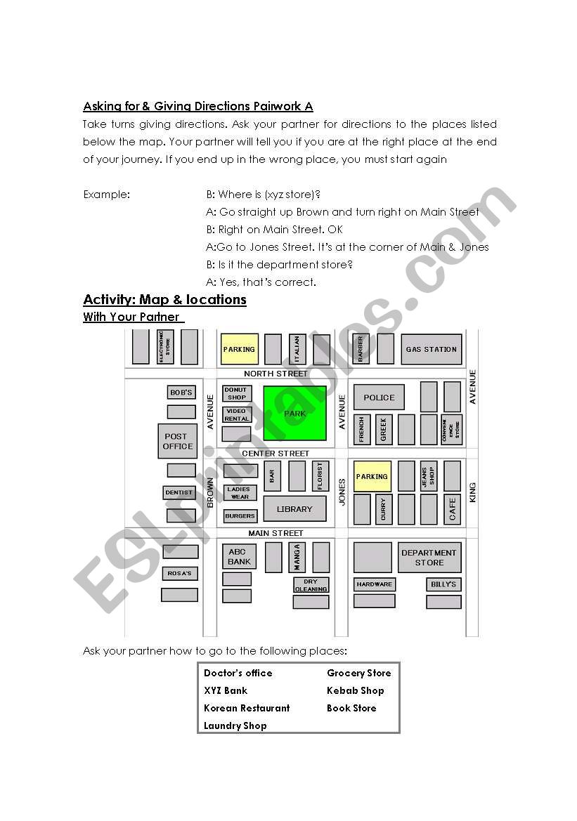 giving directions - student A & B pairwork sheets