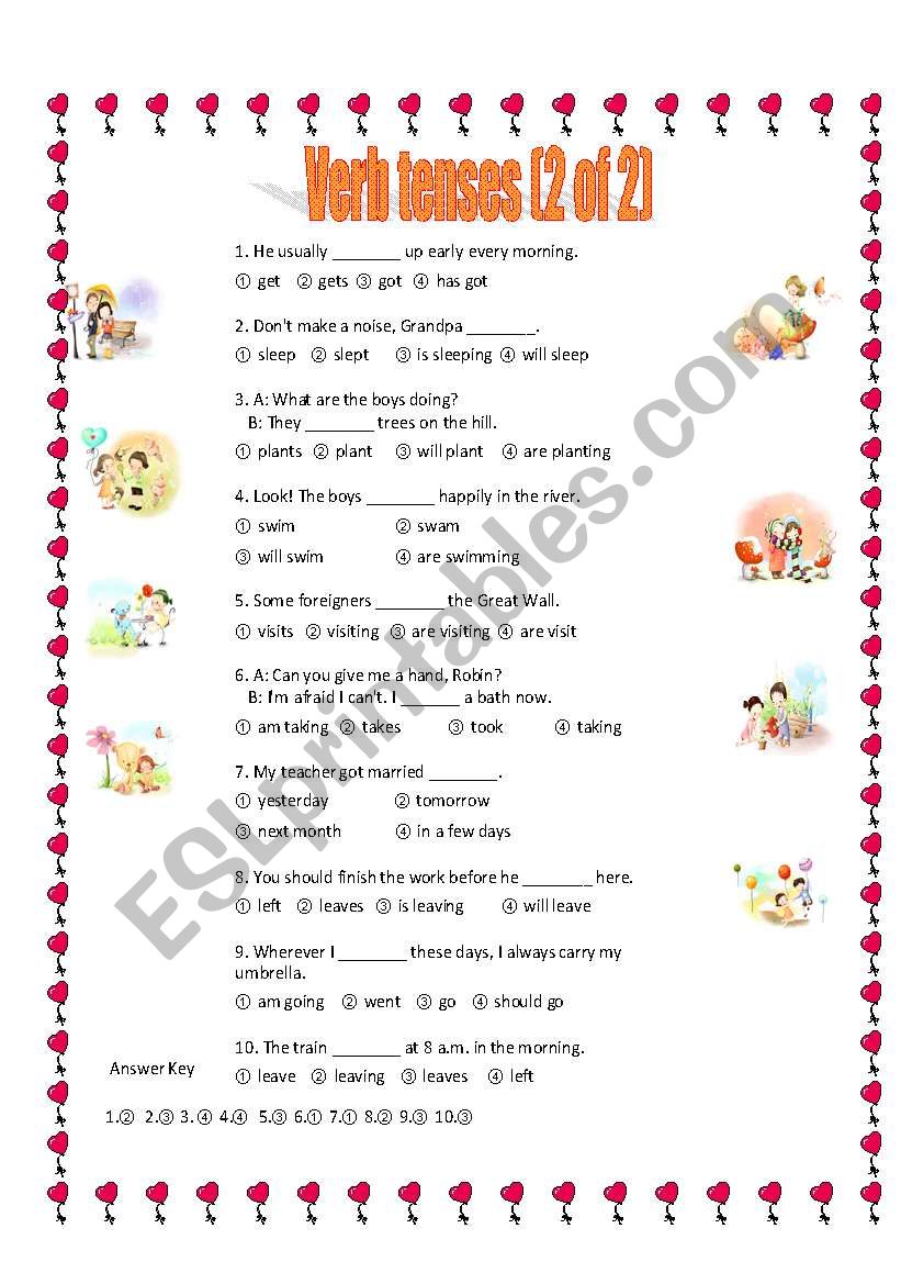 Test for verb tenses(2of 2) worksheet