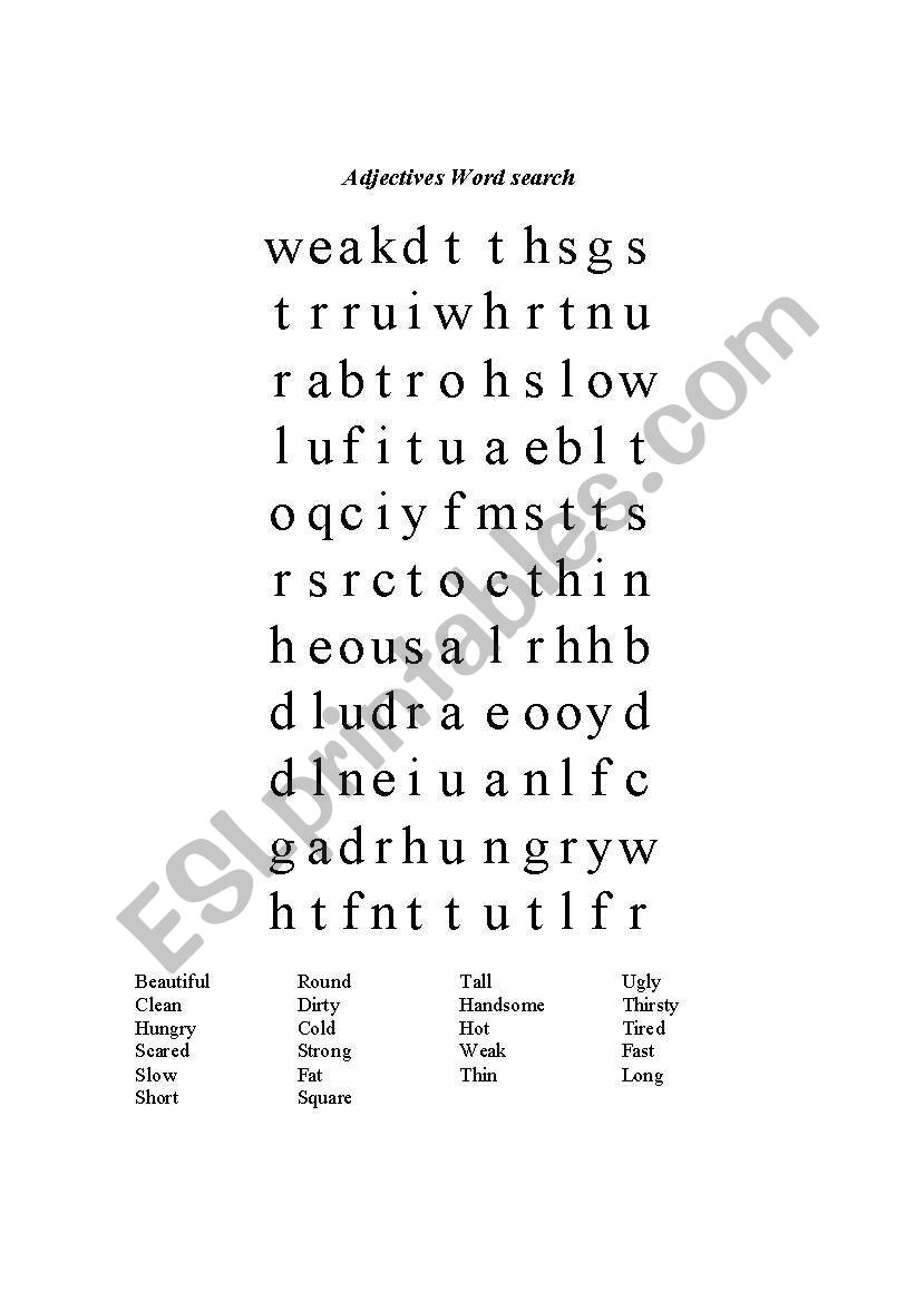 adjective wordsearch worksheet