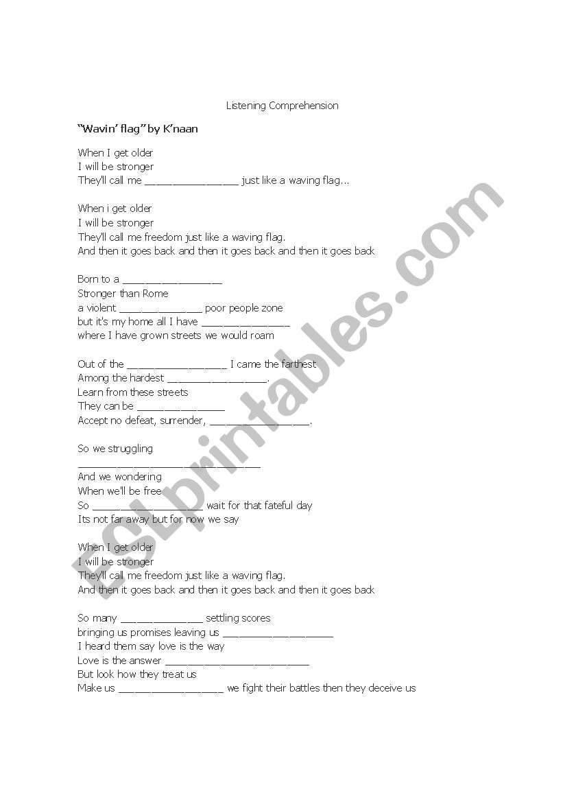 Wavin flag by Knaan worksheet