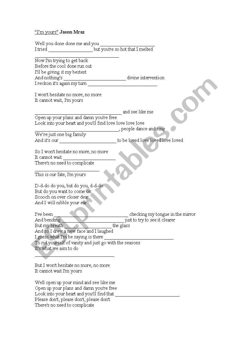 Im yours Jason Mraz worksheet