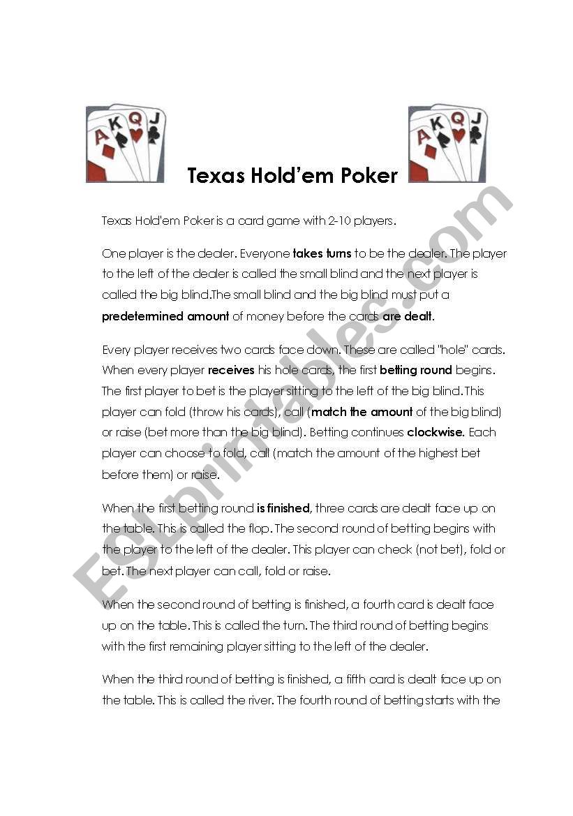 Texas Hlod em Poker worksheet