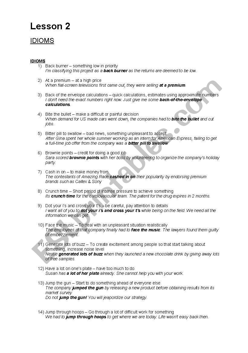 Idioms for Business worksheet