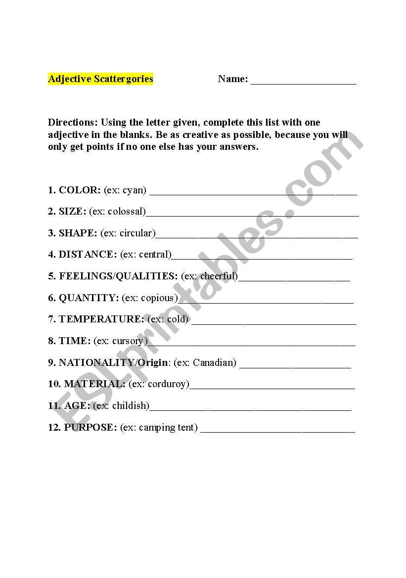 Adjective Scattergories worksheet