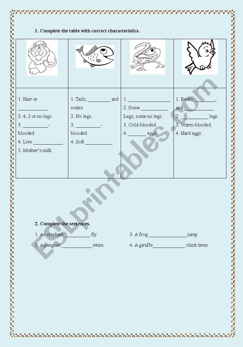 Animals worksheet