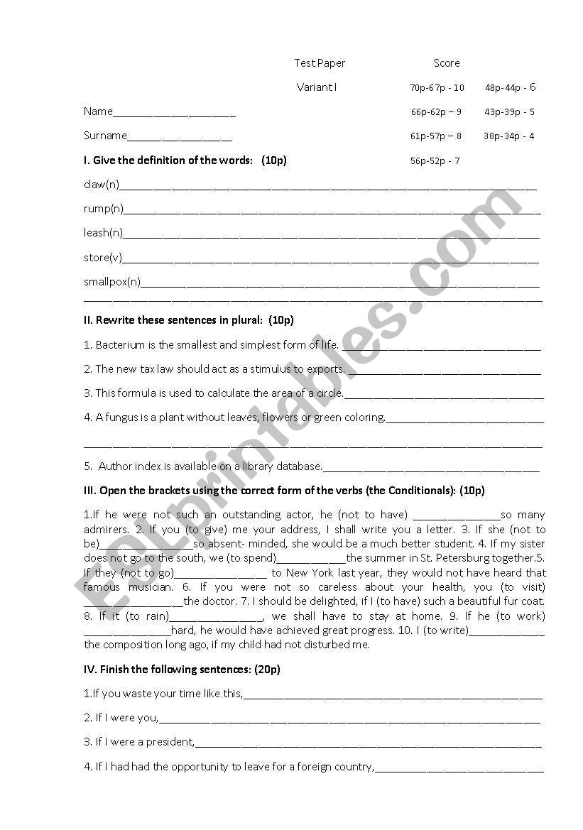 Grammar/ Vocabulary test worksheet