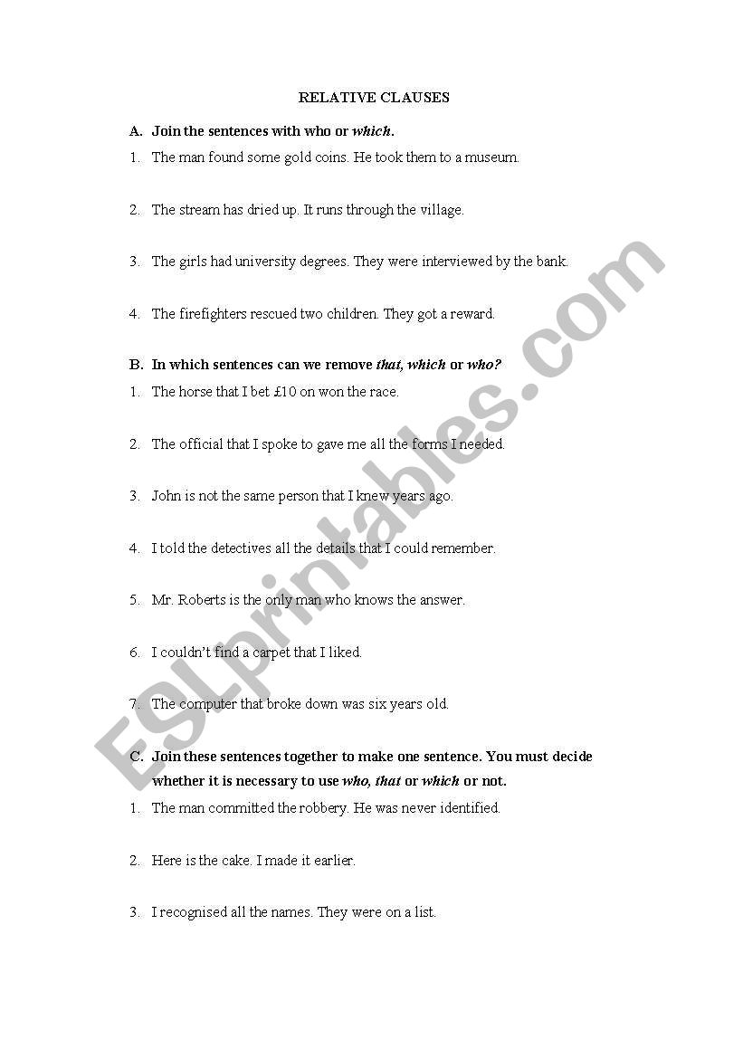 relative clauses worksheet