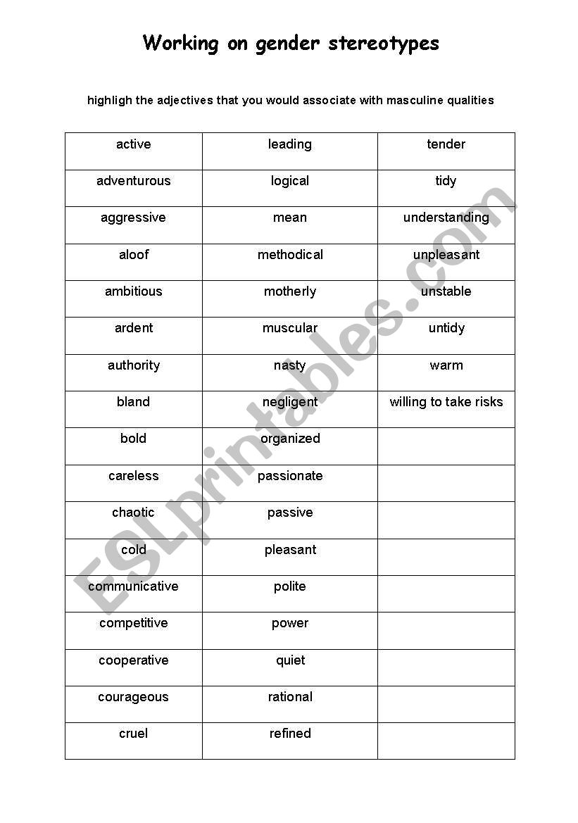 Gender stereotypes worksheet