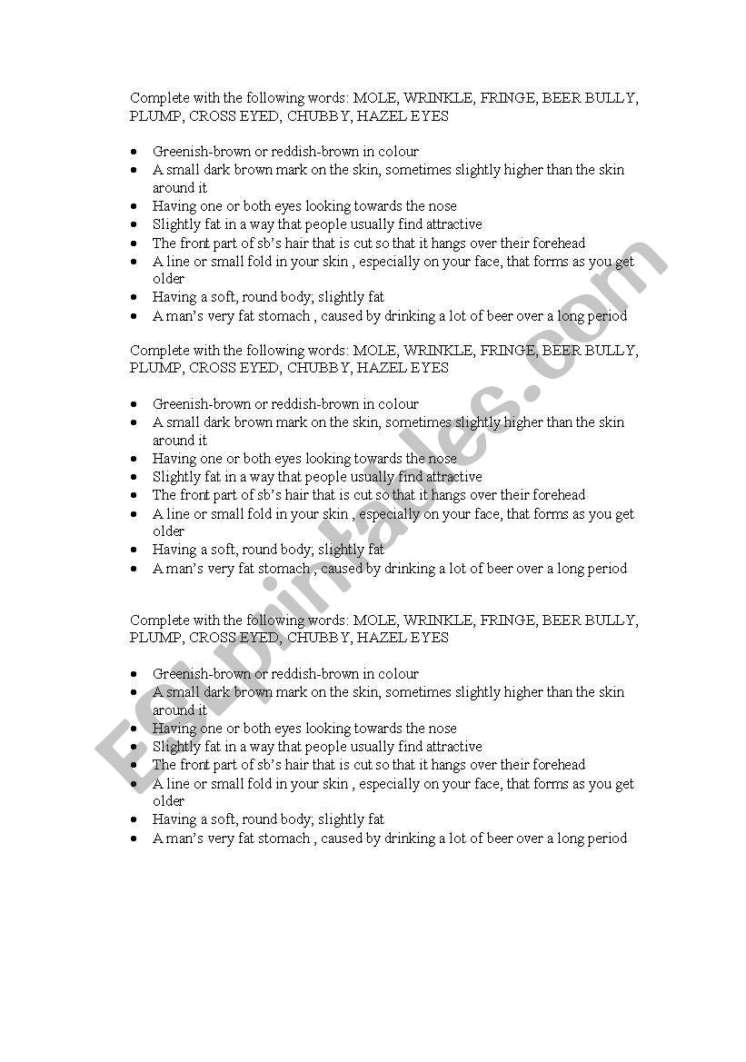 physical appearance worksheet