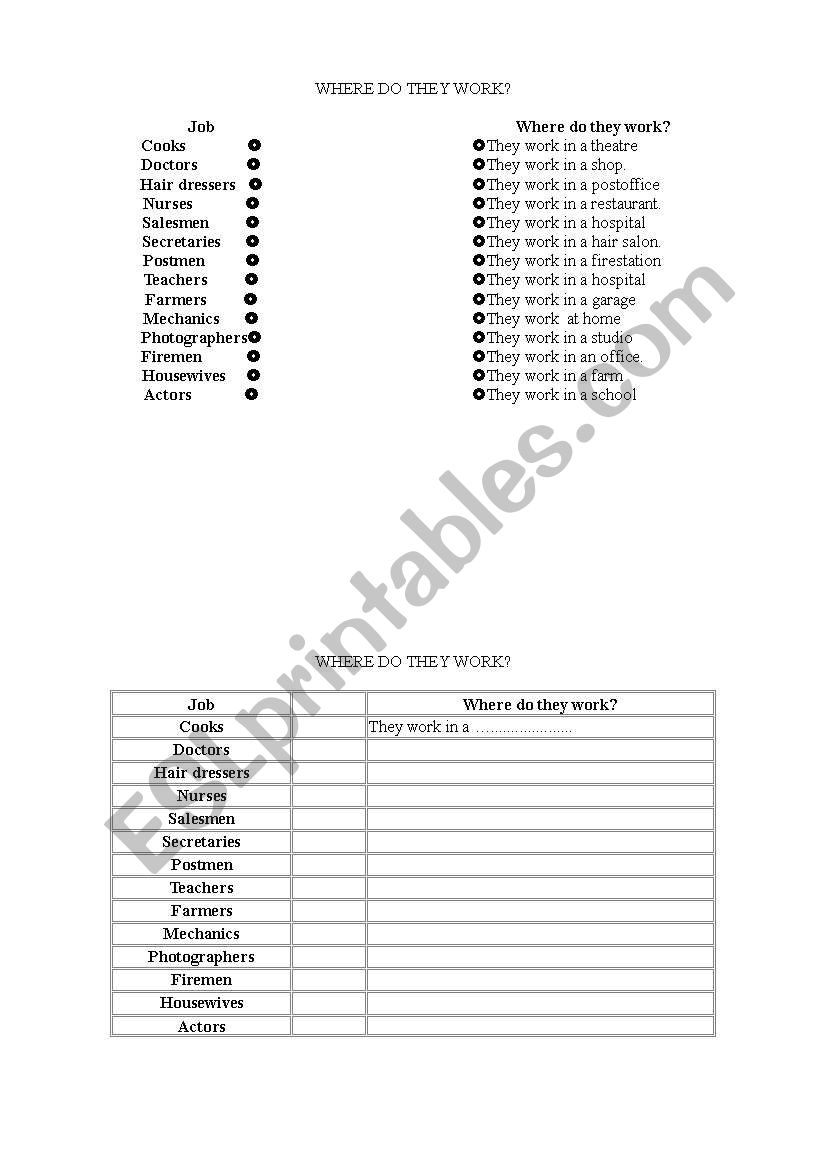 work and places worksheet