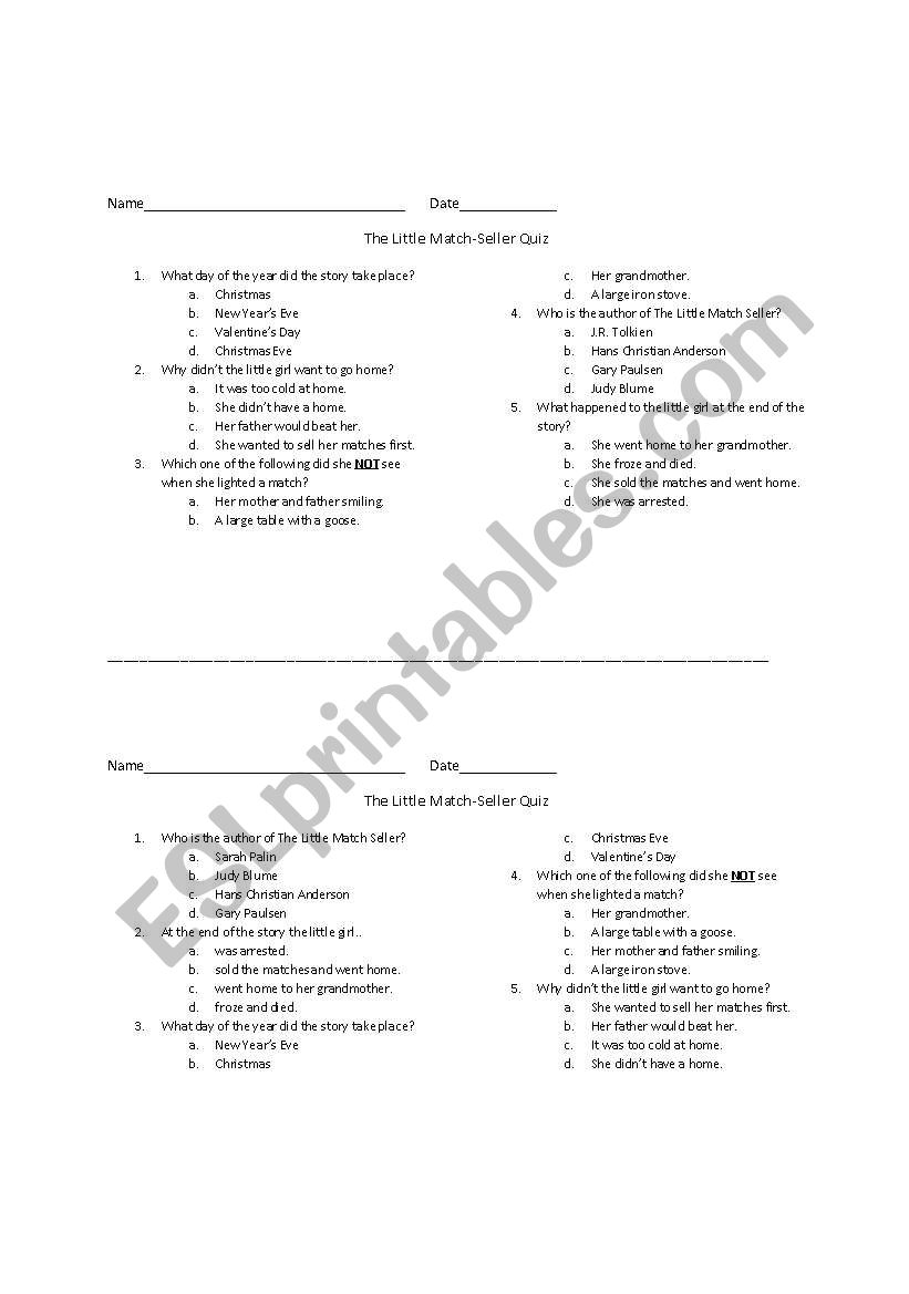 The Little Match-Seller Story Response Quiz