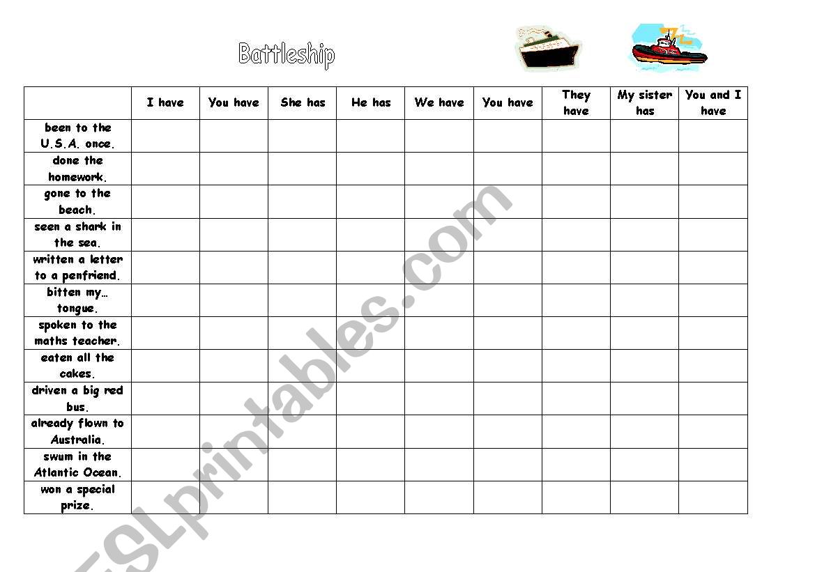 Present Perfect Battleships worksheet