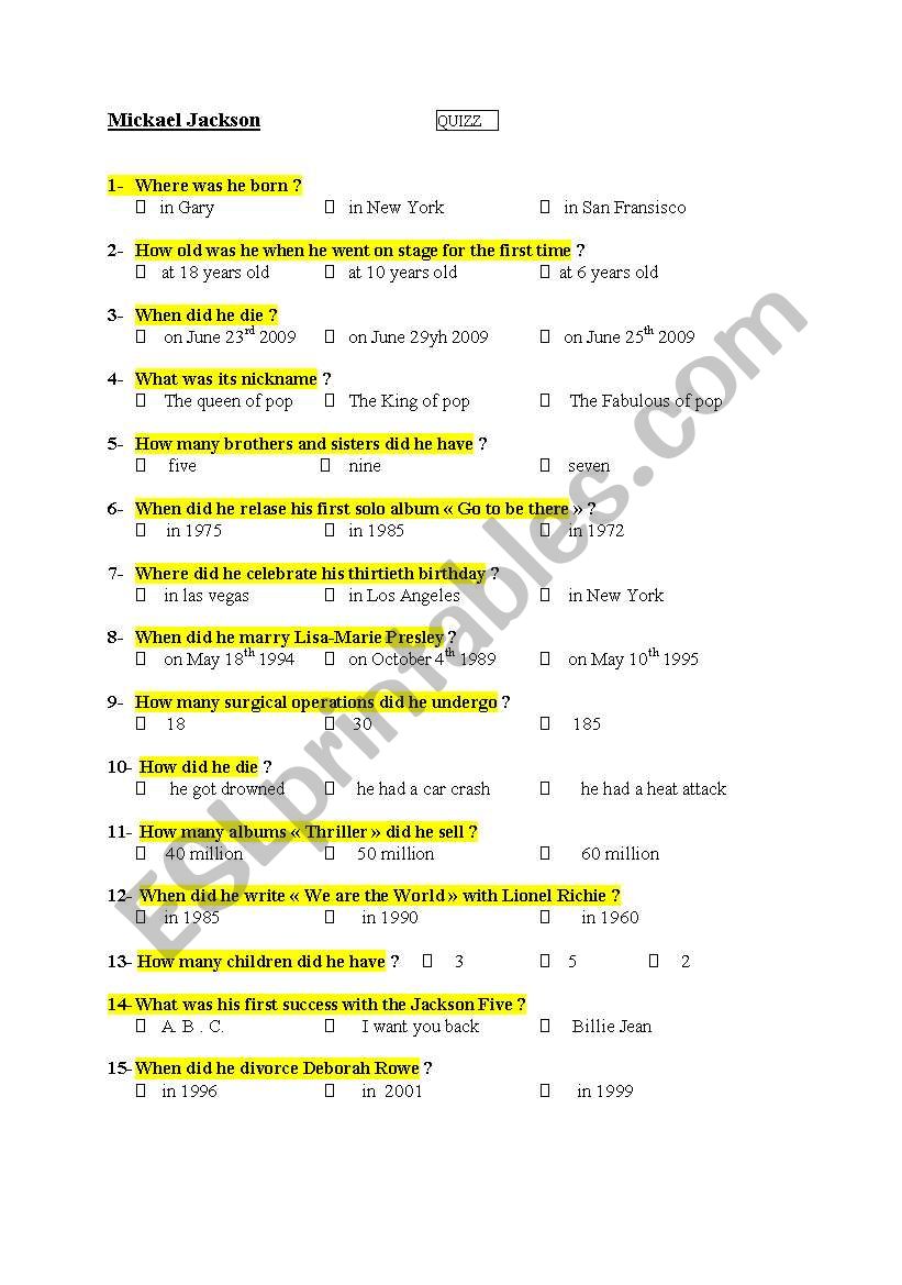 Quizz about Mickael Jackson worksheet