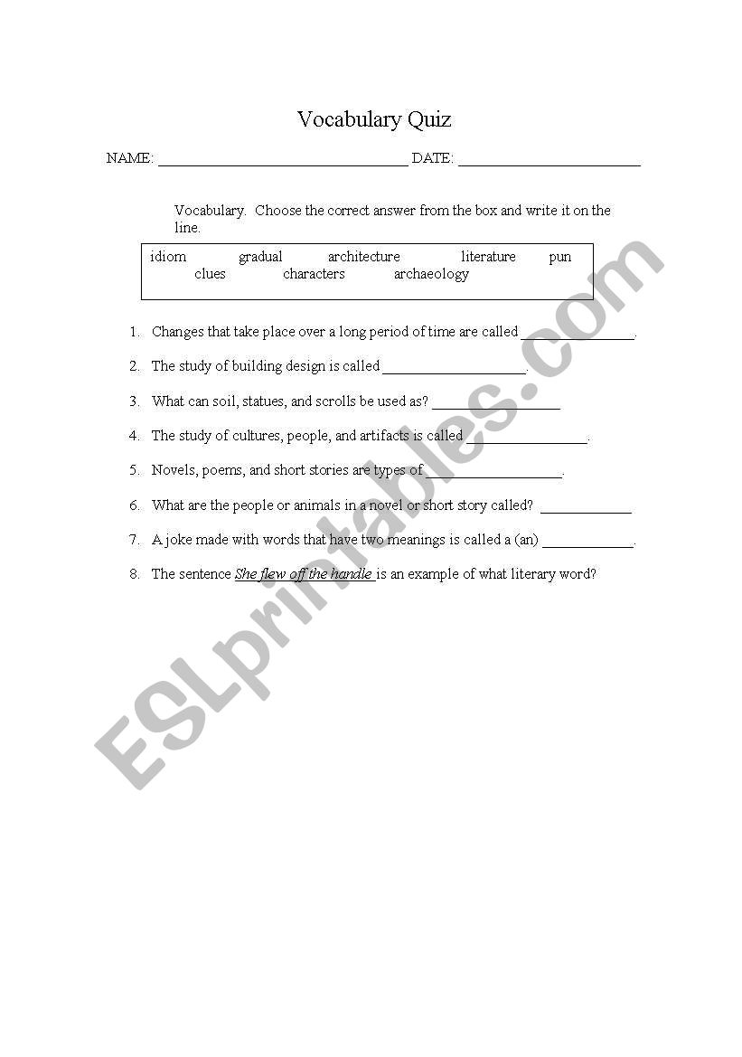 Vocabulary Quiz worksheet