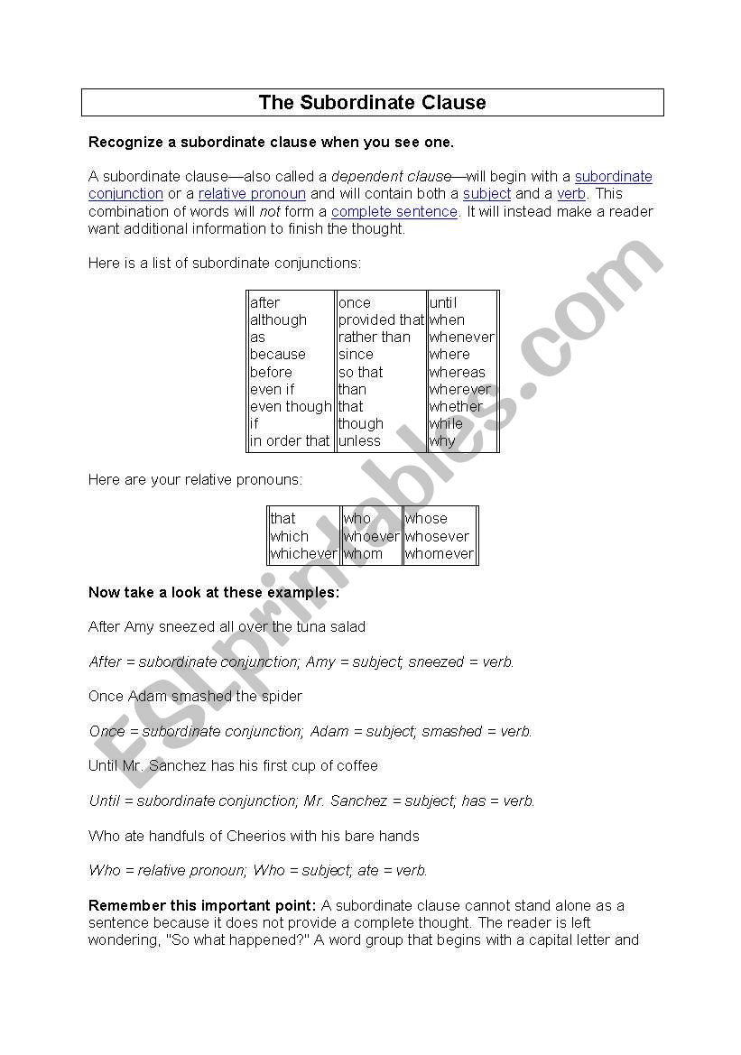 The Subordinate Clauses worksheet