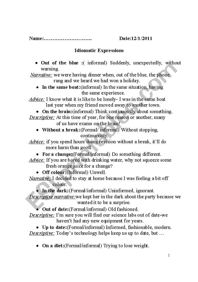 idiomatic expressions worksheet