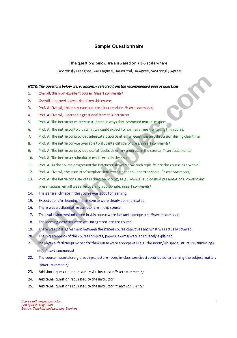Questionnaire to evaluate teachers