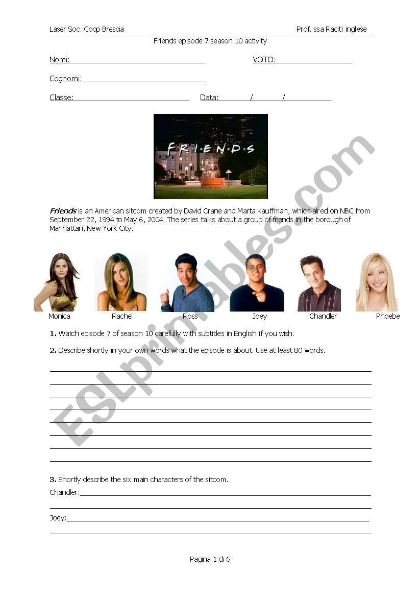 Worksheet Friends season 10 episode 7 - ESL worksheet by claudineraciti