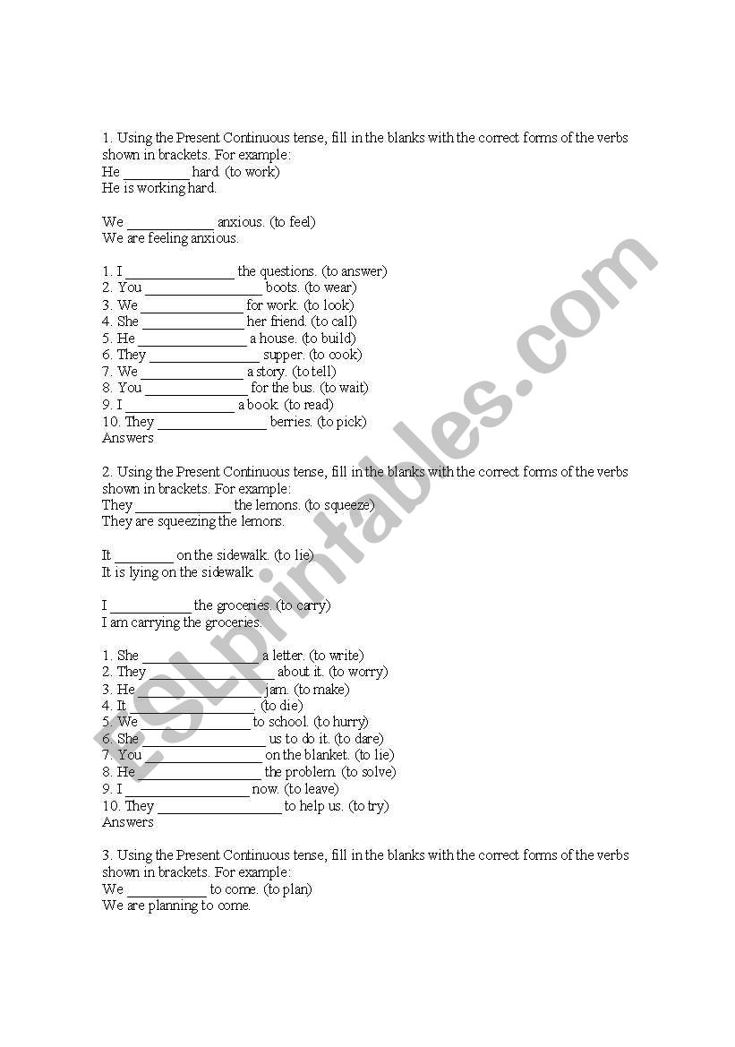 present continuous worksheet
