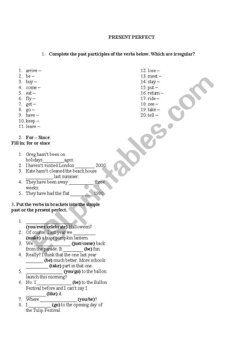 Present perfect worksheet