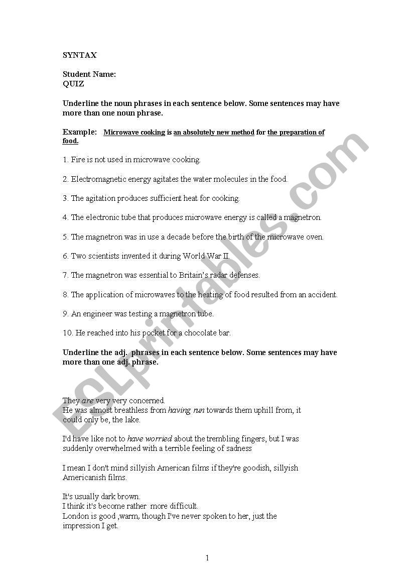 Quiz on Noun Phrases worksheet