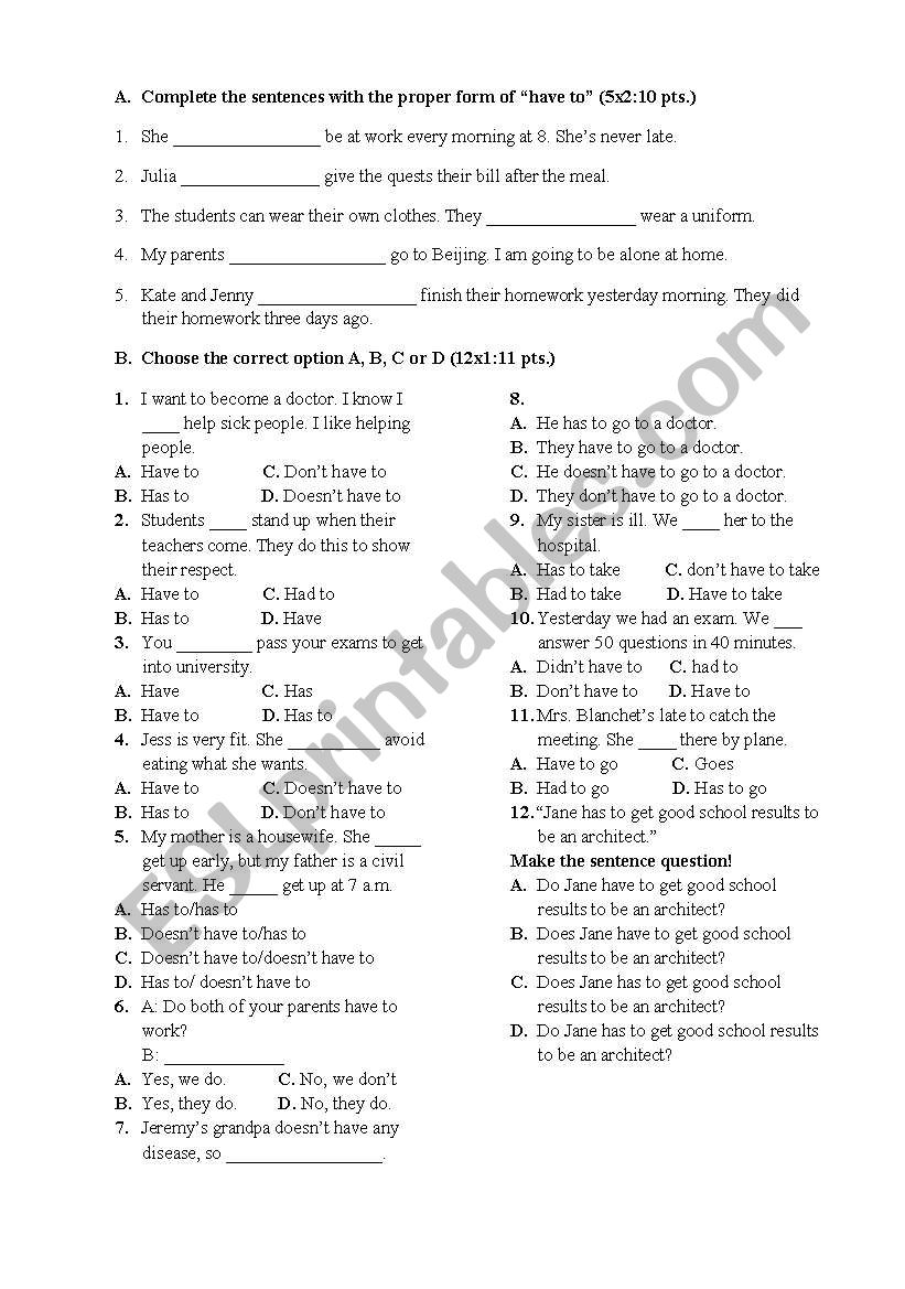 revision test worksheet