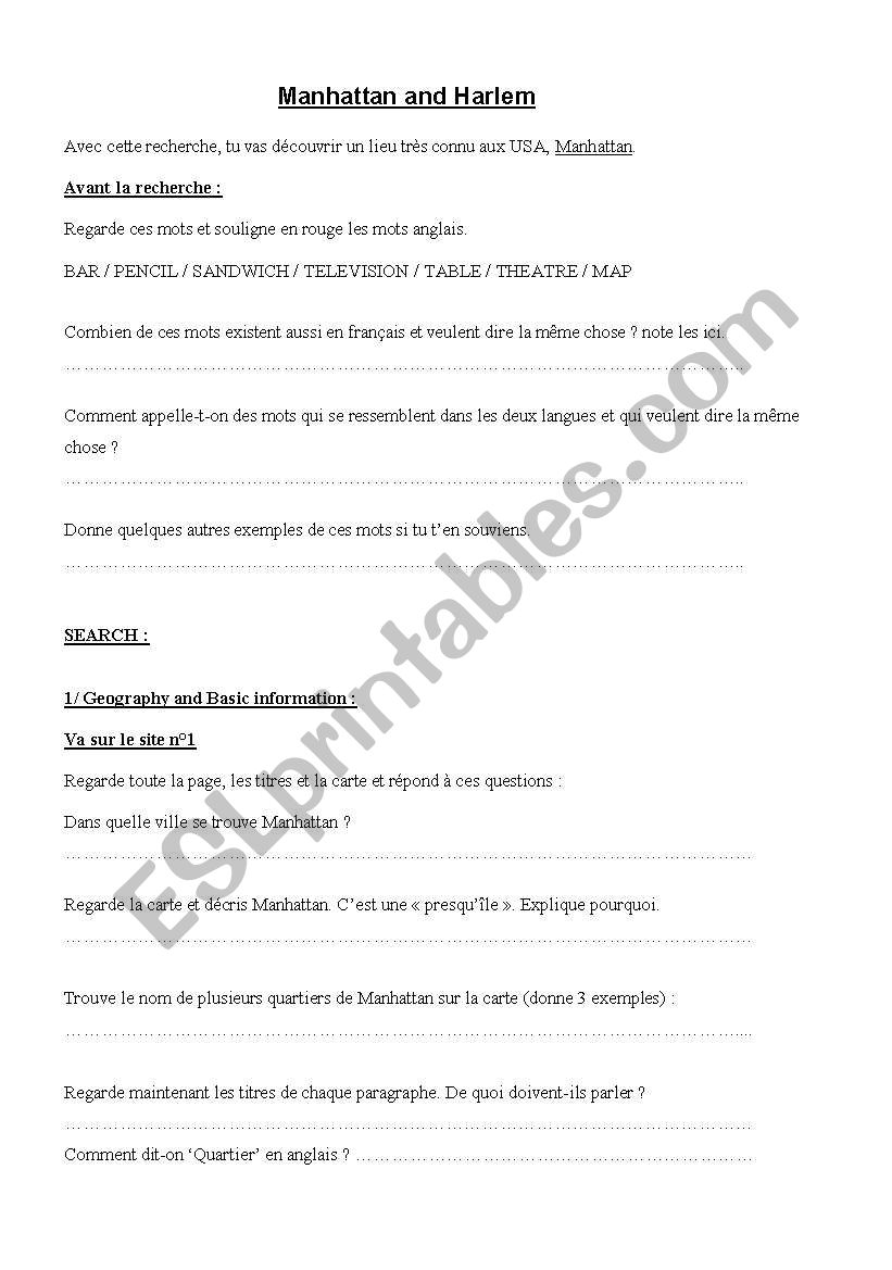 Webquest Manhattan worksheet