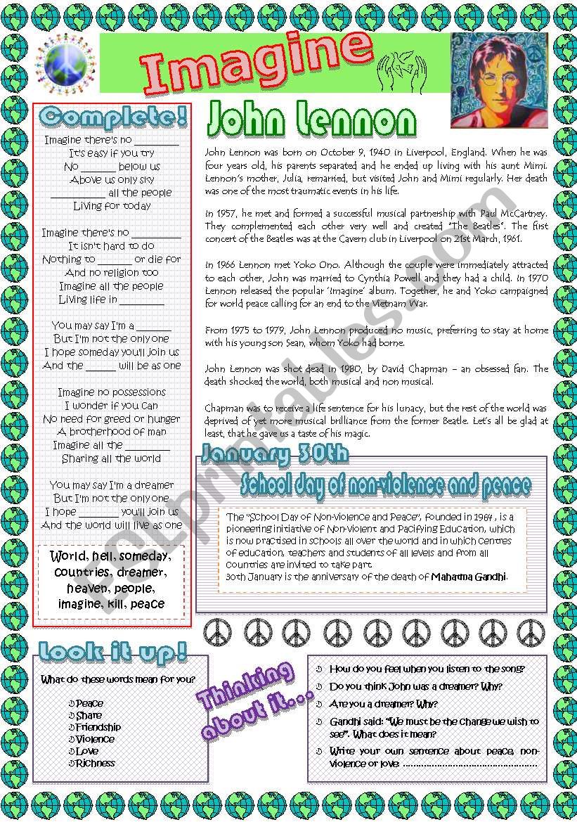 School day of non-violence and peace, 30th January - ESL worksheet by