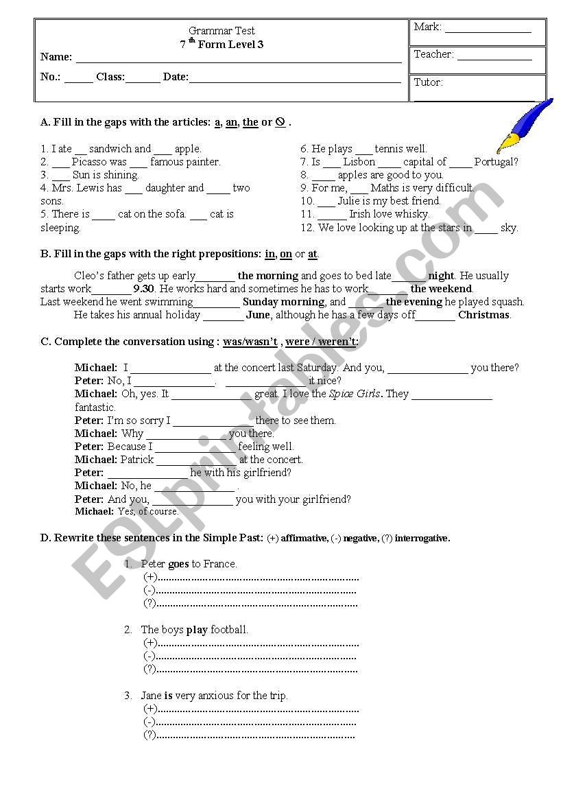 Grammar test worksheet