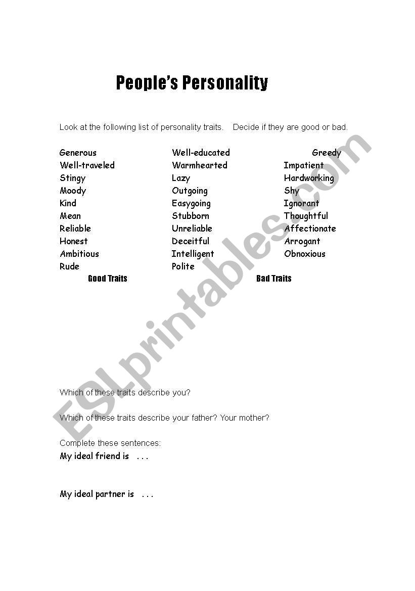 Personality worksheet