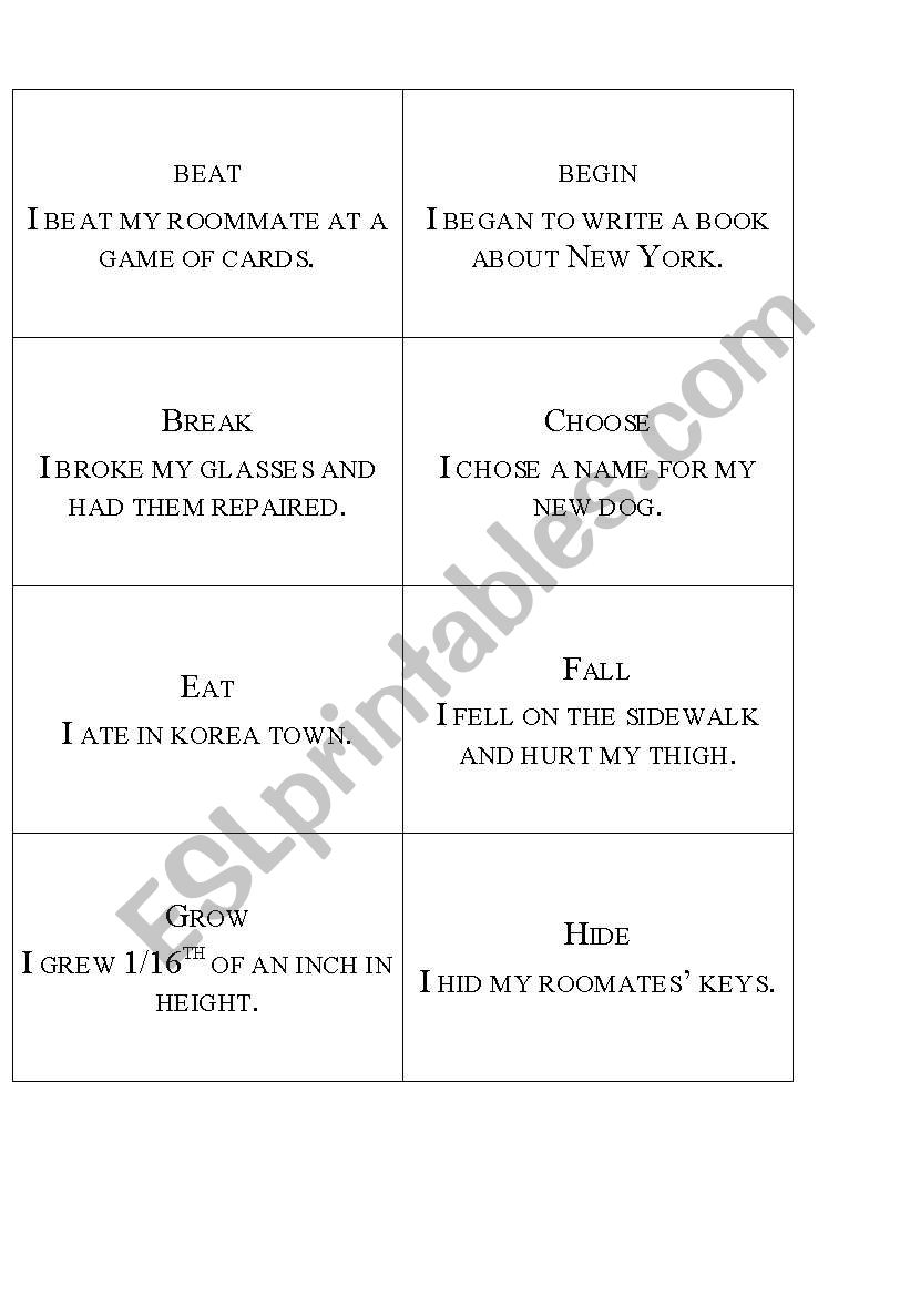 flashcards to review irregular verbs plus sample sentences to play charades