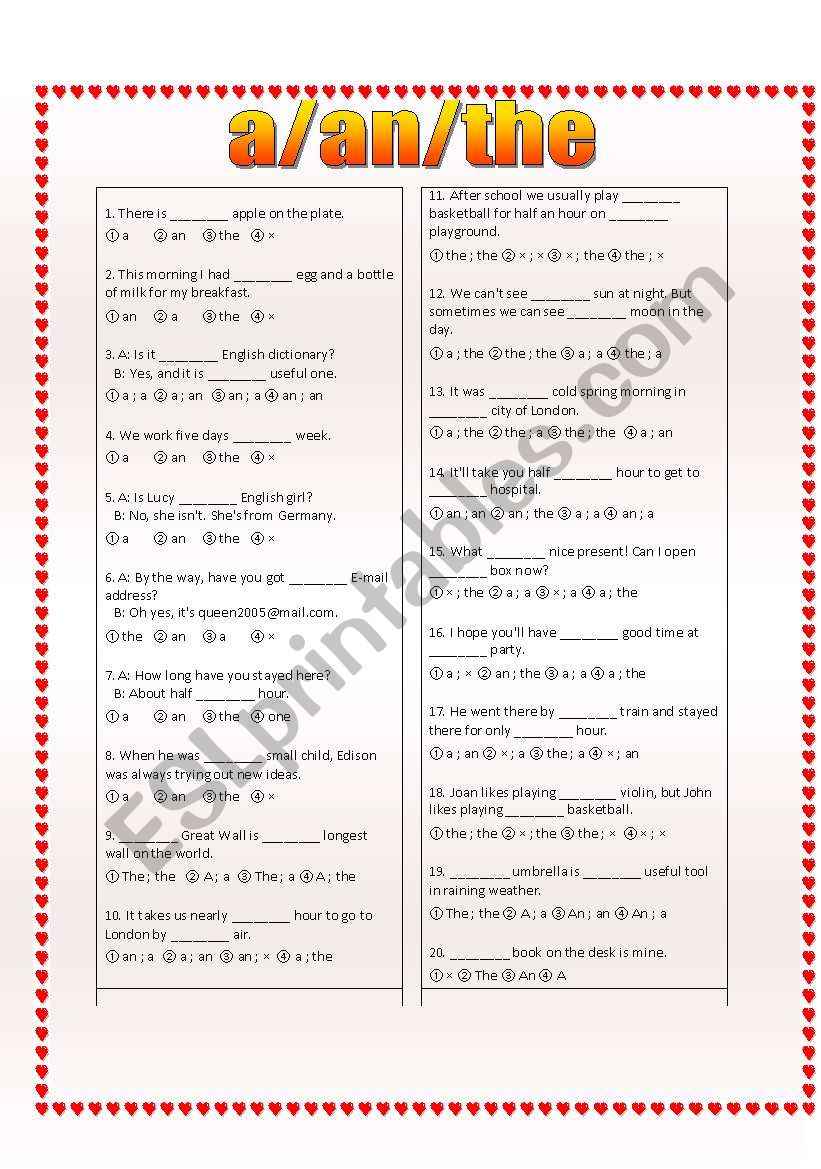 a/an/the test (20 questions with answer key) 1of 2