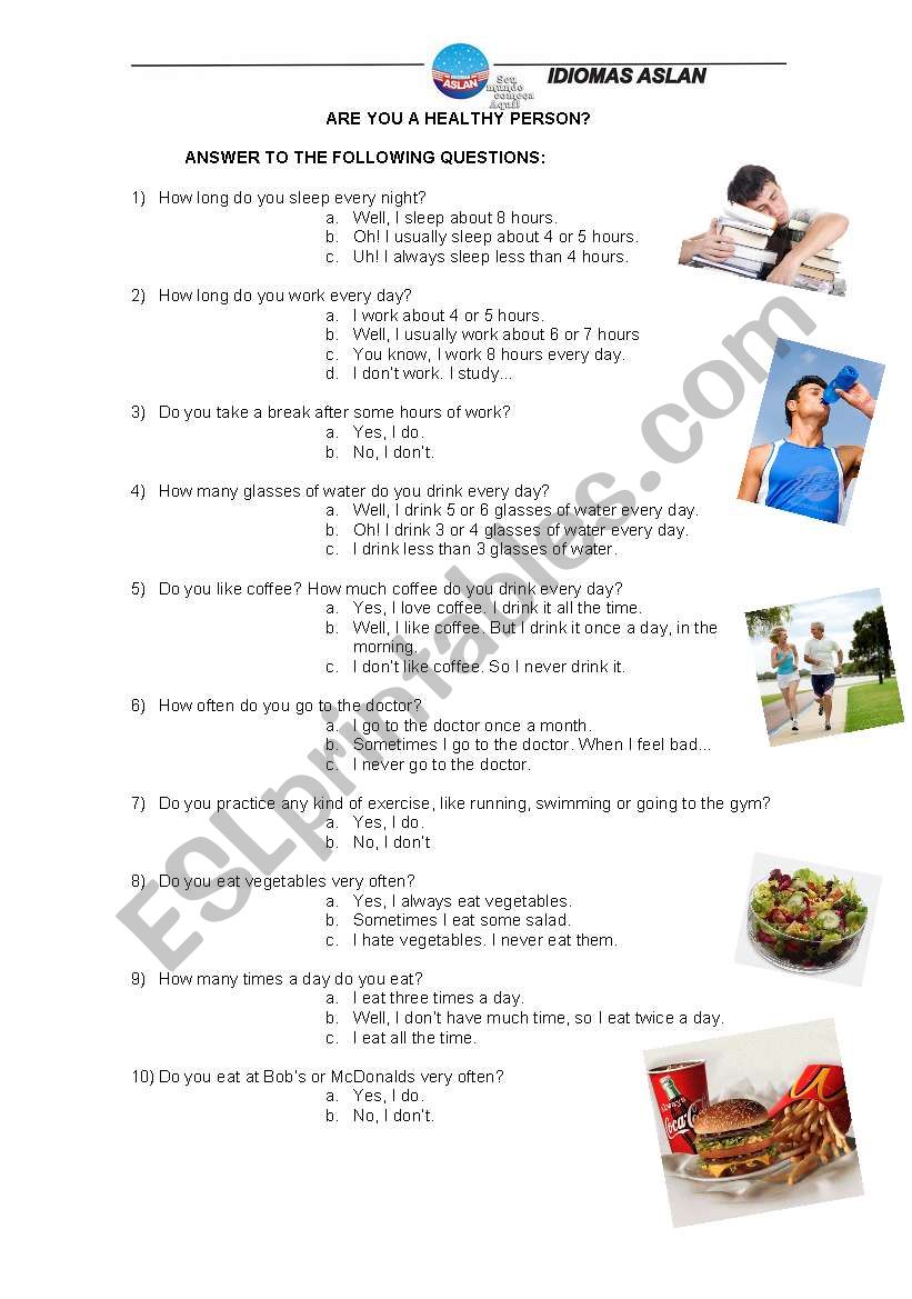 aRE YOU A HEALTHY PERSON? worksheet
