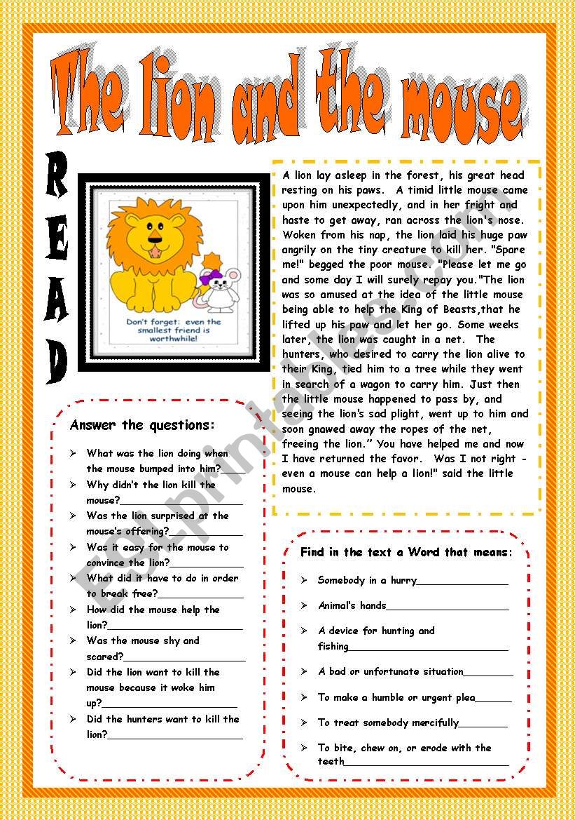 The Lion and the mouse.(3 PAGES)Reading.Answer the questions+ Meaning of words+label the adjectives+wordsearch+writing a letter+key