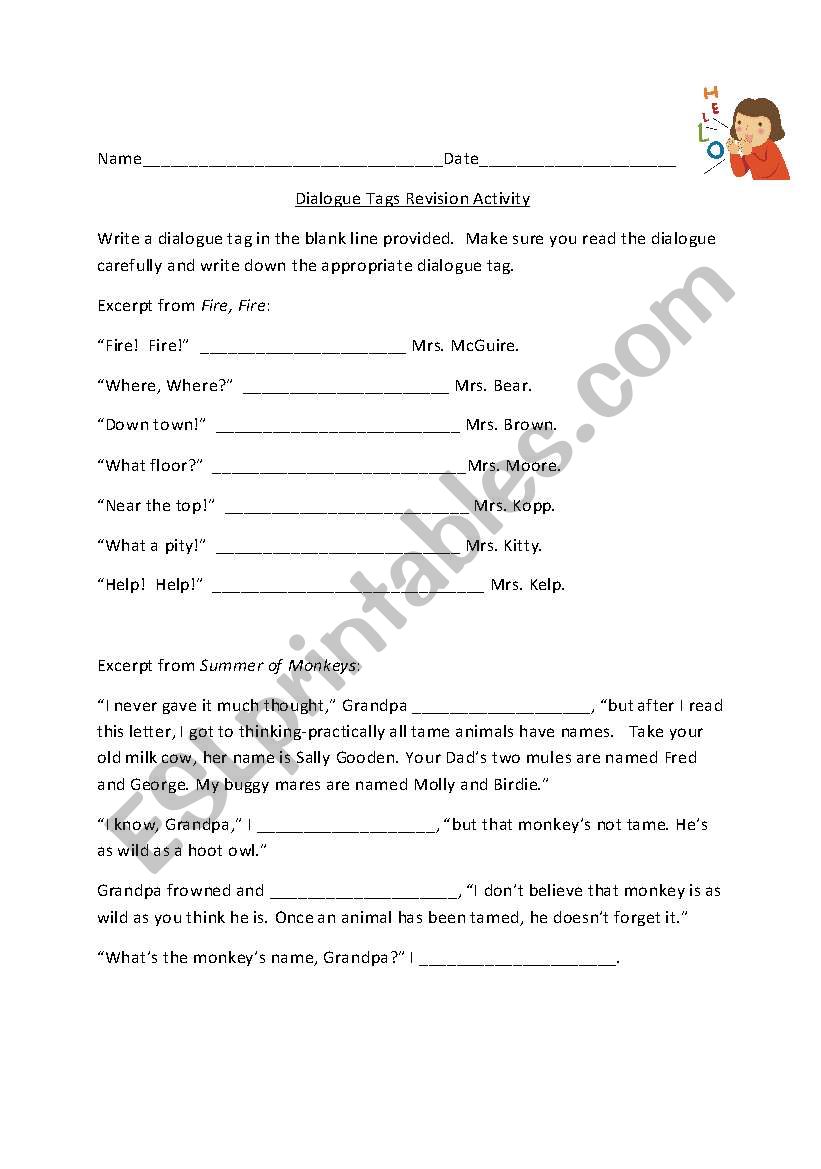 Dialogue Tags Cloze Revision Worksheet