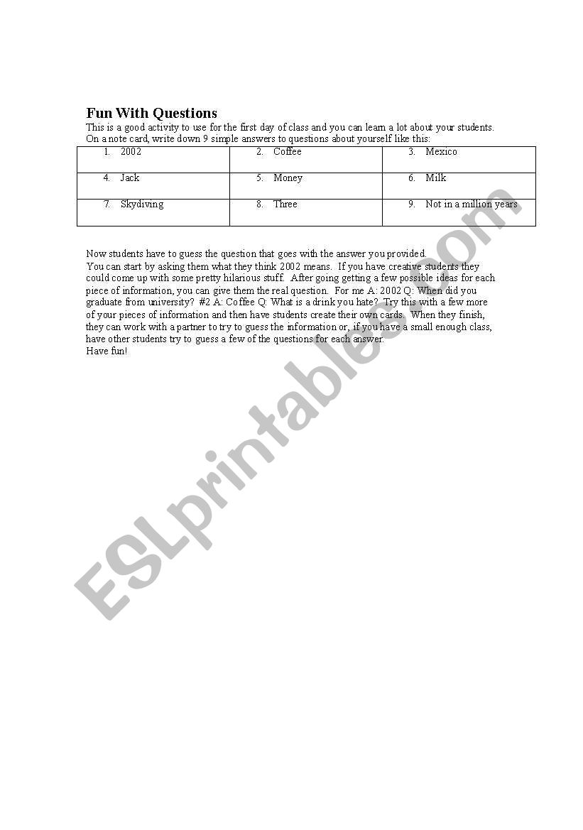 first day activity worksheet