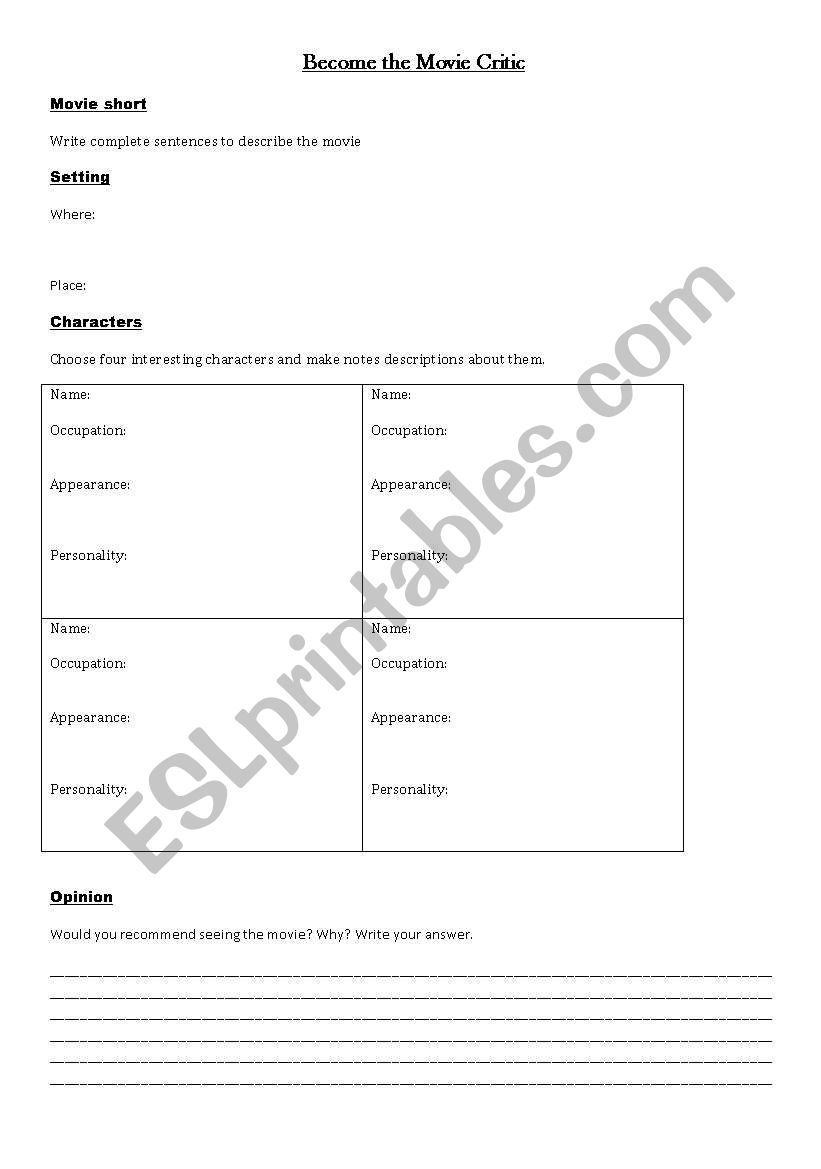 General Movie Worksheet worksheet