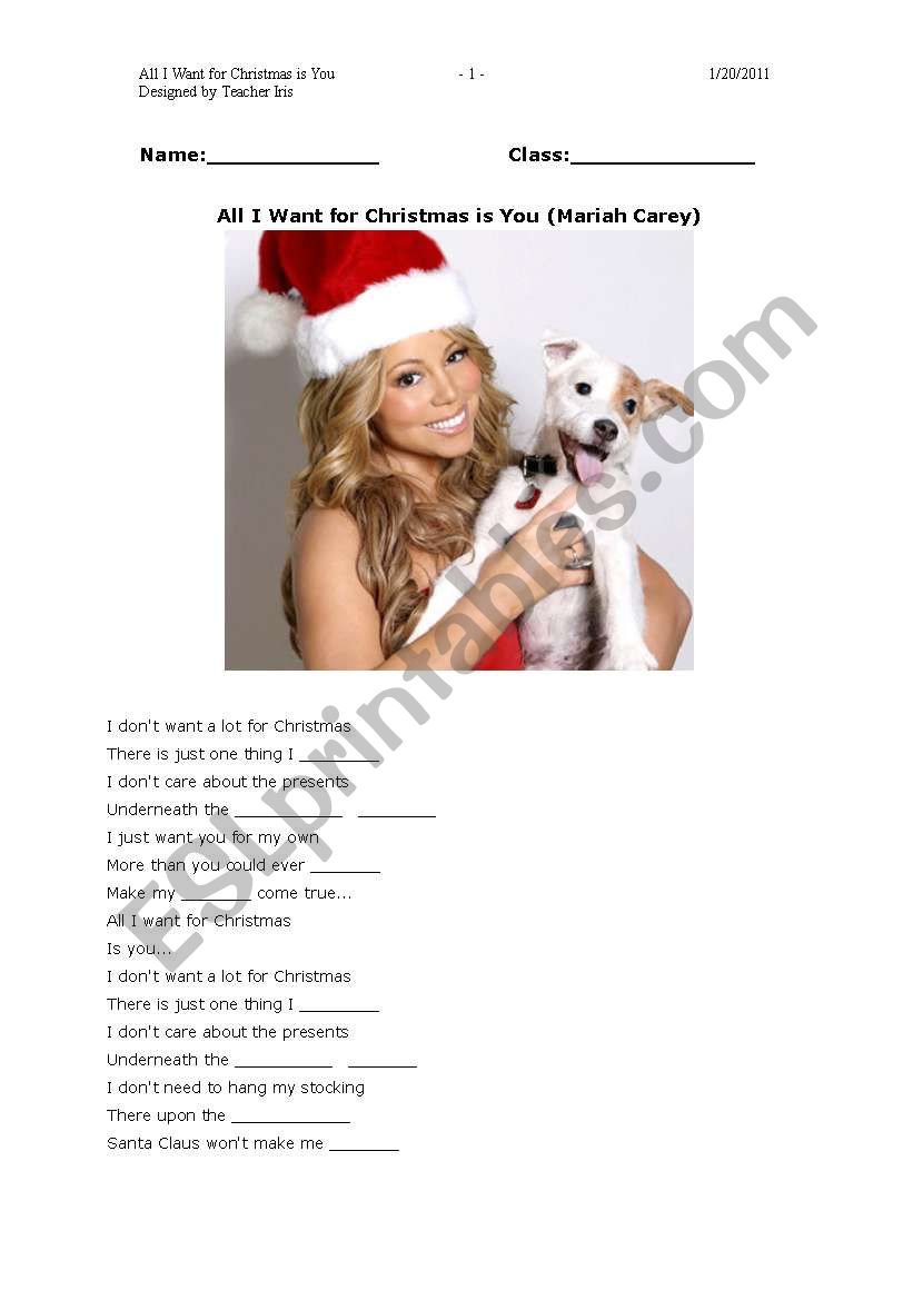 All I Want For Christmas is You, Mariah Carey, Song worksheet with blanks