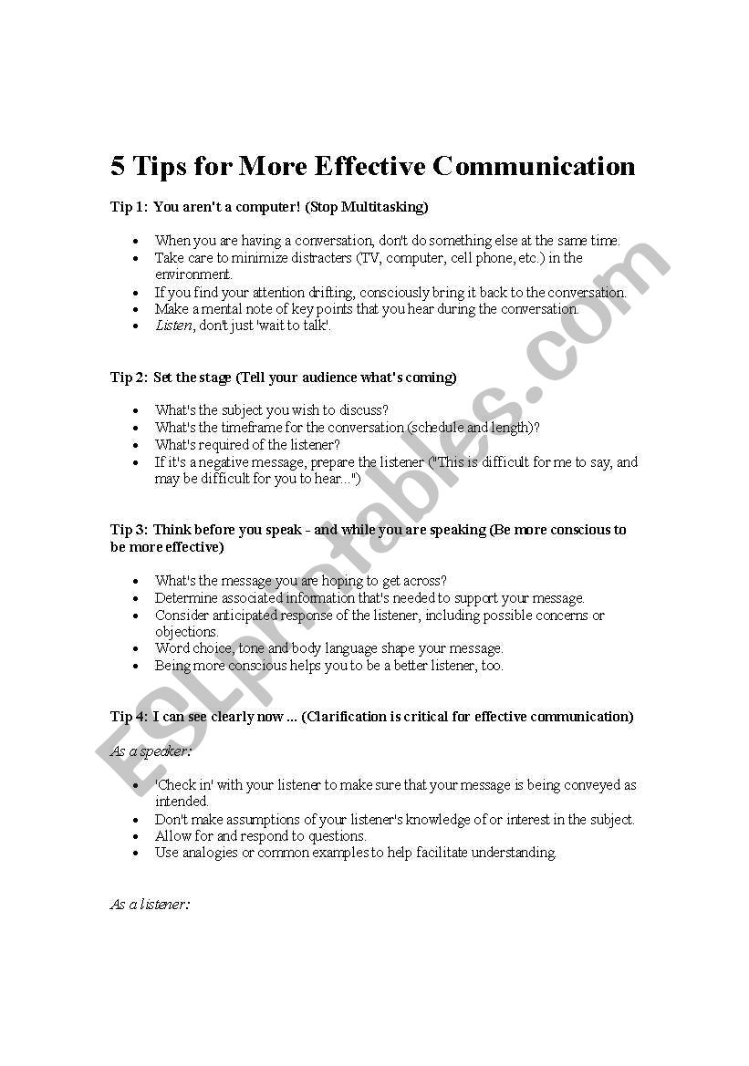 effective communication worksheet