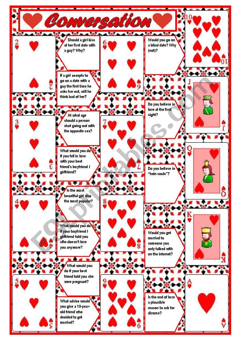 Playing cards + conversation (game) â€“ 4 pages with questions + directions ((5 pages)) ***editable 