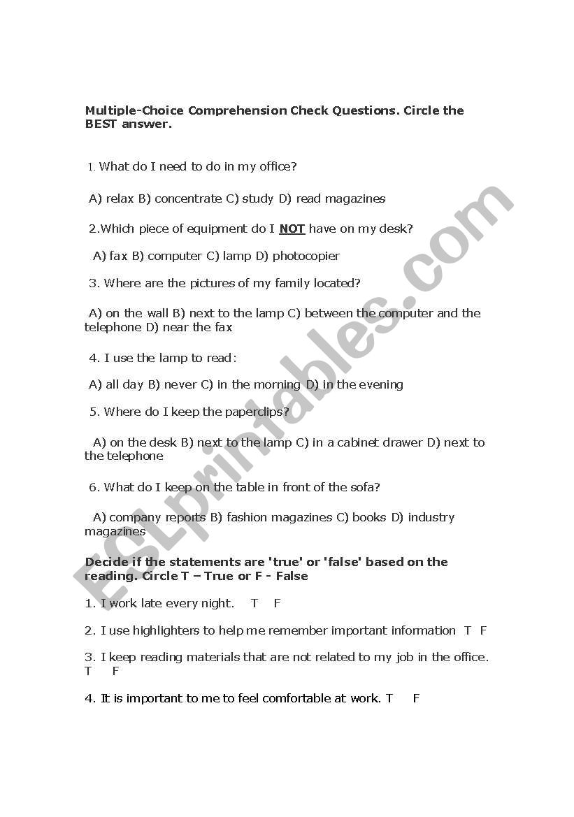 Reading Comprehension Exercise Focusing On Prepositions Of Location My Office With Answer Key Esl Worksheet By Maceman