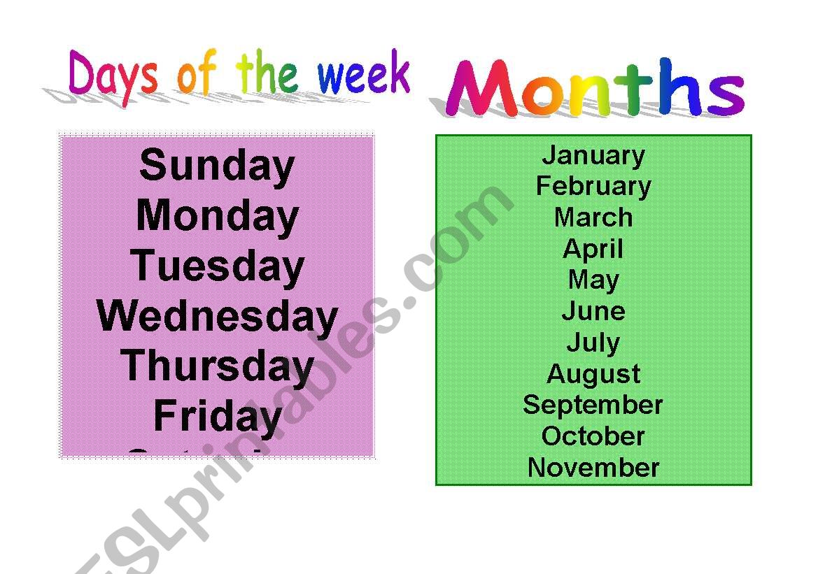 Days of the week and months worksheet