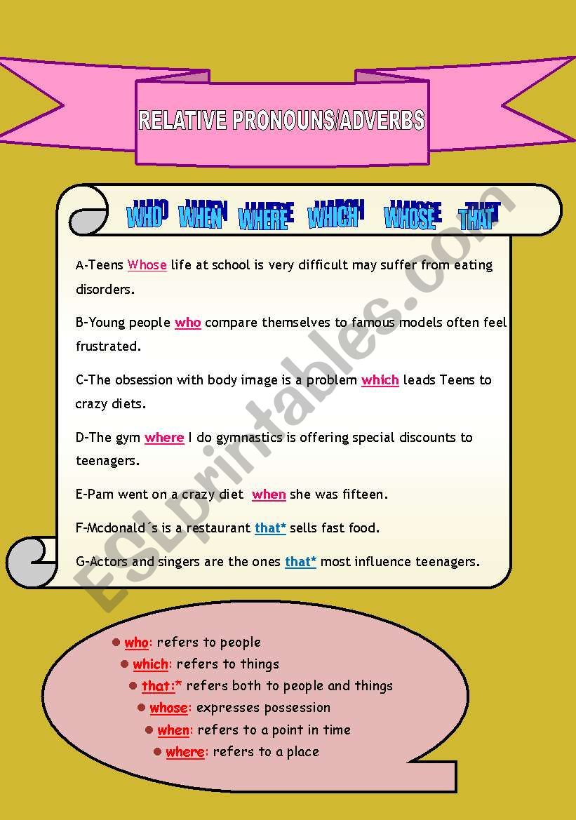  RELATIVE PRONOUNS/ADVERBS worksheet