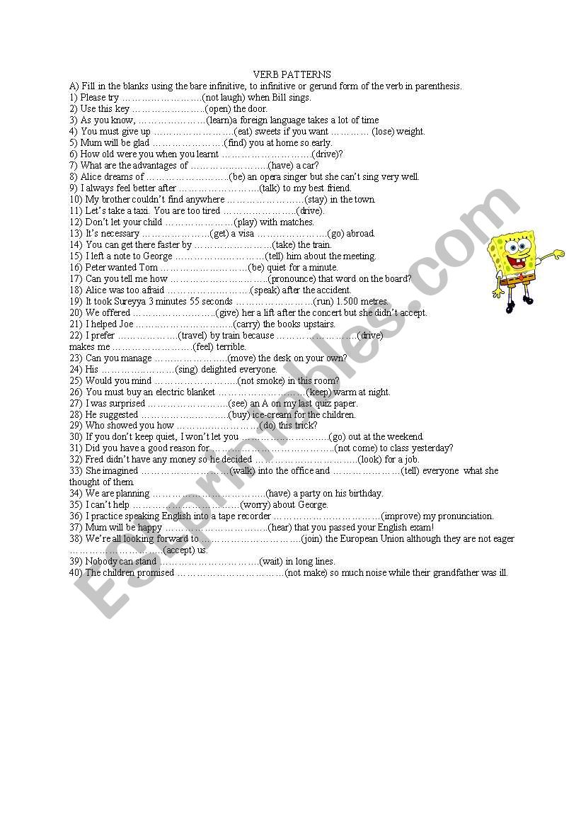verb patterns worksheet