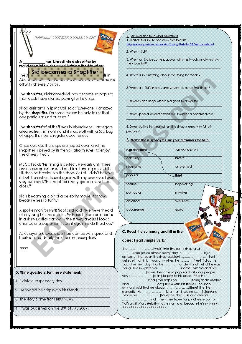 Sid The Seagull-Present and  Past Simple exercises & reading & answer key