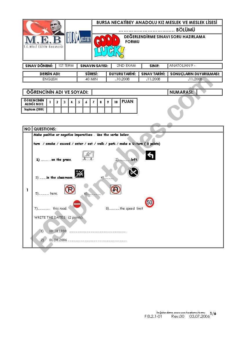 exam worksheet
