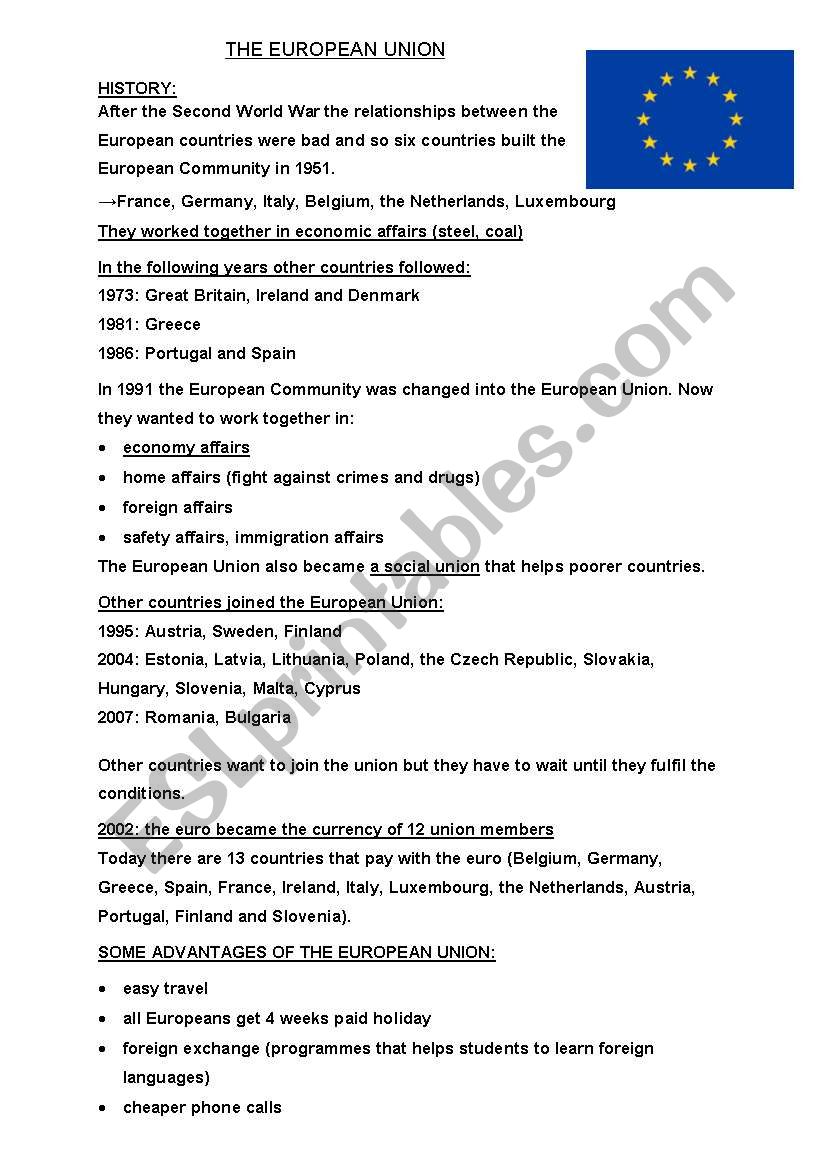 THE EUROPEAN UNION worksheet