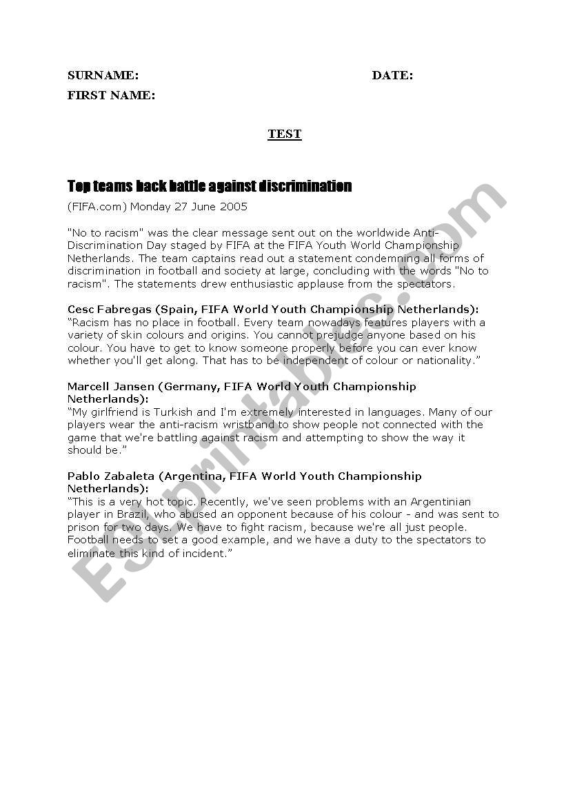 Discrimination and sport worksheet