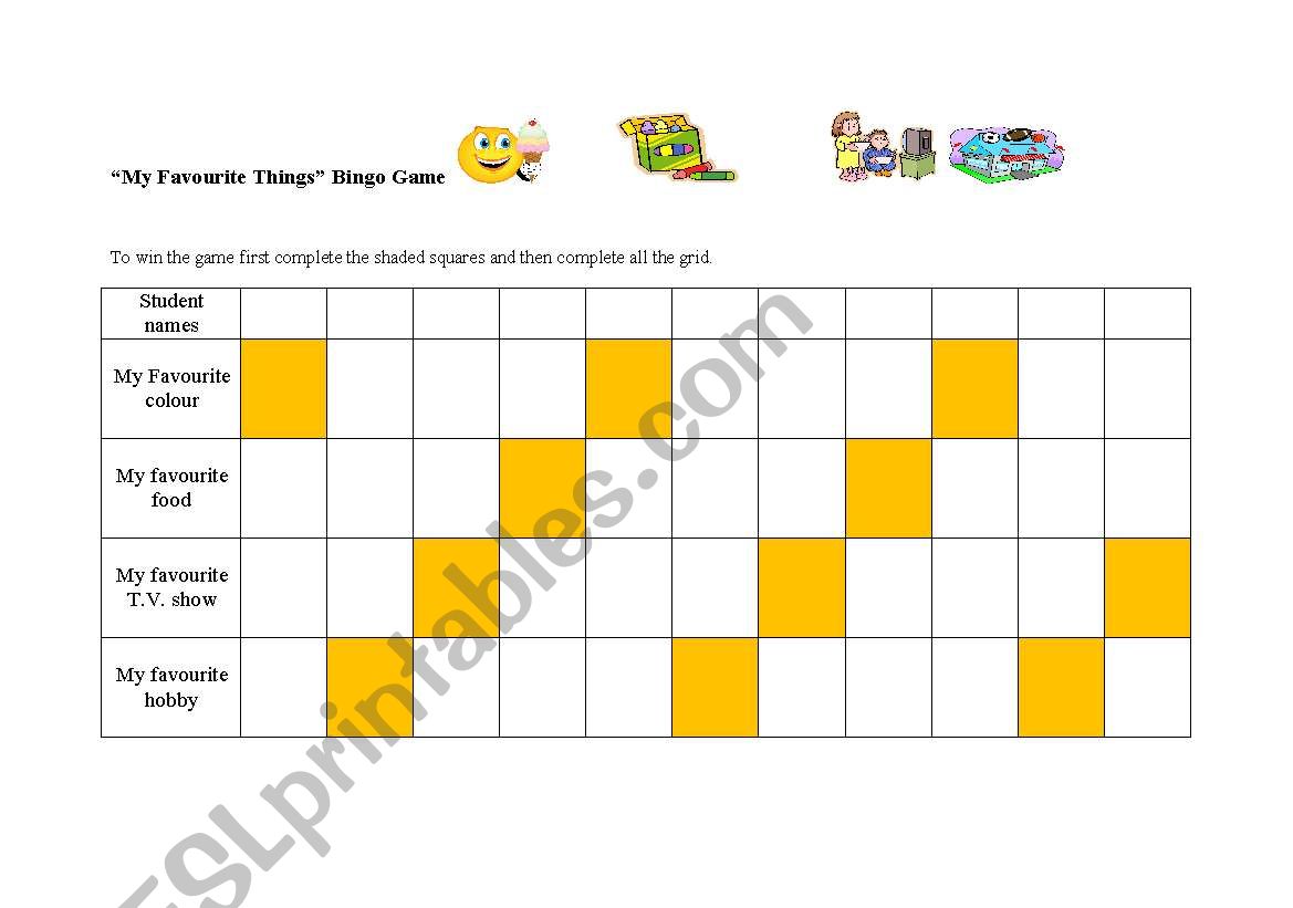Favourite things bingo worksheet