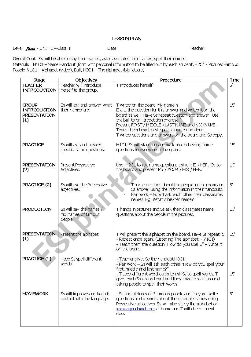 Basic Lesson Plan Class 1 worksheet